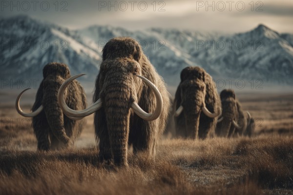 A herd of mammoths wanders through a vast steppe, snow-covered mountains in the background, AI generated
