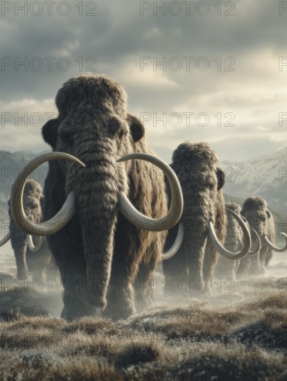 A line of mammoths wanders through a foggy and cold landscape, AI generated, AI generated