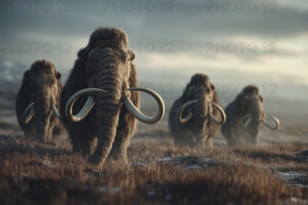A herd of mammoths moves through a barren steppe at dusk, AI generated, AI generated