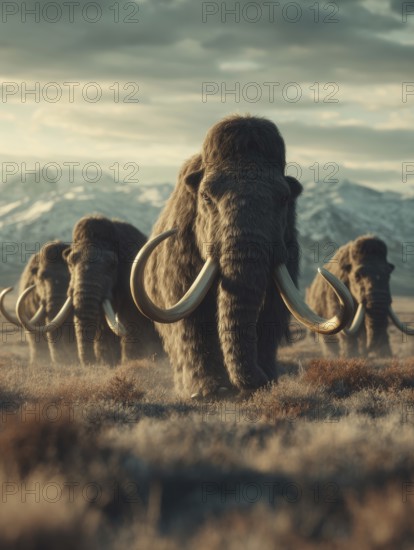 Mammoths run through a landscape surrounded by snow-covered mountains, AI generated, AI generated