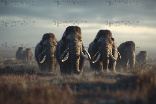 A herd of mammoths in a misty landscape with grass, AI generated, AI generated