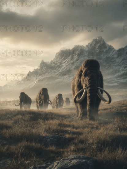 A herd of mammoths marches through a grassy landscape in front of a mountain range, AI generated, AI generated