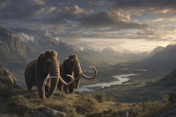 Two mammoths walking in a mountainous landscape with a river in the background, AI generated, AI generated