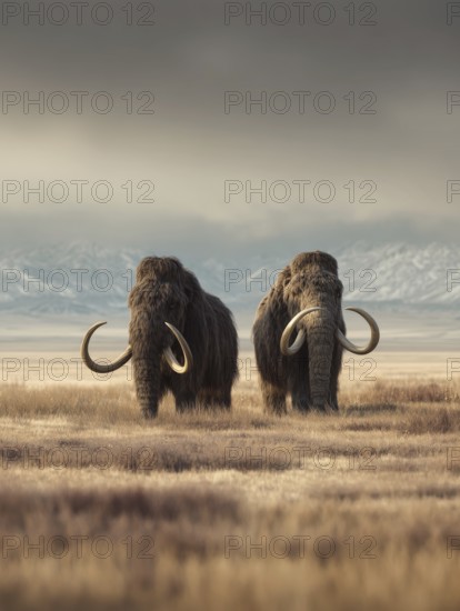 Two mammoths stand in a vast, tranquil steppe landscape with distant mountains, AI generated