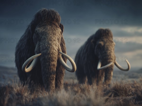 Two mammoths in a quiet, majestic scene in a meadow at dusk, AI generated, AI generated