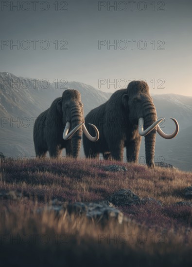 Two mammoths stand in a mountain landscape in a meadow at sunrise, AI generated, AI generated