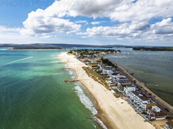 Sandbanks Beach from drone, Poole, Dorset, England, United Kingdom