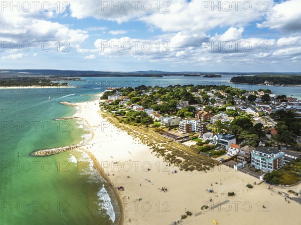 Sandbanks Beach from drone, Poole, Dorset, England, United Kingdom
