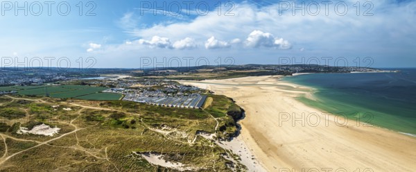 Panorama of Hayle Beach and Hayle Estuary from drone, St Ives Bay, Cornwall, England, United Kingdom