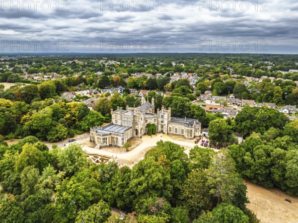 Highcliffe Castle from drone, Highcliffe, Dorset, England, United Kingdom
