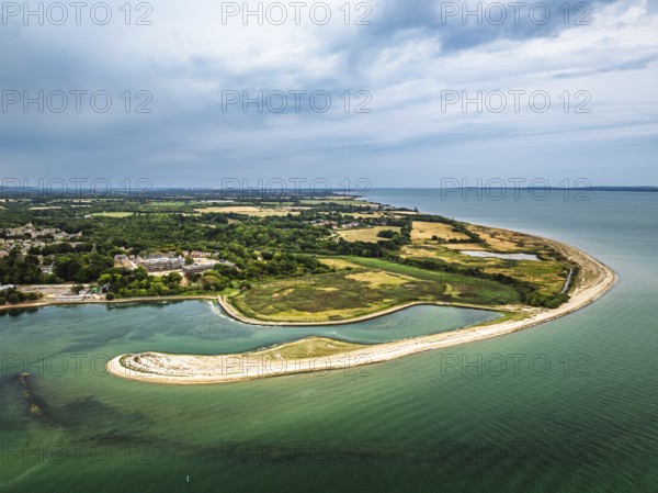 River Hamble over Warsash Maritime Academy Pier from drone, Hamble-le-Rice, Warsash, Southampton Water, Hampshire, England, United Kingdom