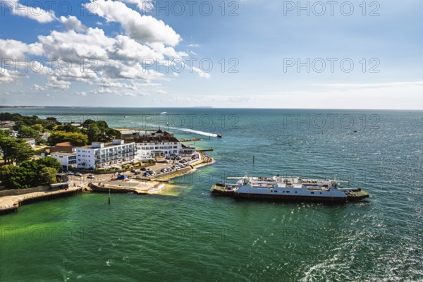 Sandbanks ferry from drone, Poole, Dorset, England, United Kingdom