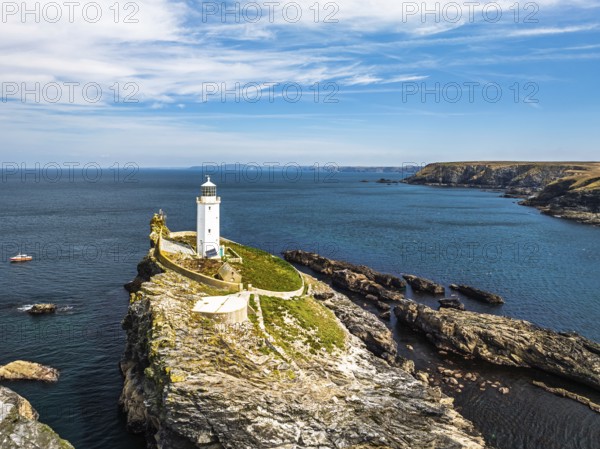 Godrevy Lighthouse from a drone, Godrevy Island, St Ives Bay, Cornwall, England, United Kingdom
