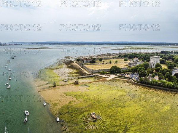 Portchester Castle from drone, Portchester, Fareham, Hampshire, England, United Kingdom