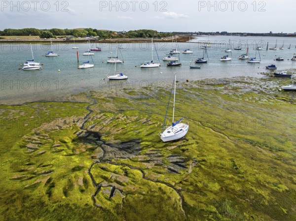 Boats and mud from drone, Paulsgrove Lake, Portchester Castle, Portchester, Fareham, Hampshire, England, United Kingdom