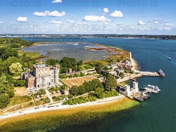 Brownsea Castle on Brownsea Island from a drone, Poole, Dorset, England, United Kingdom