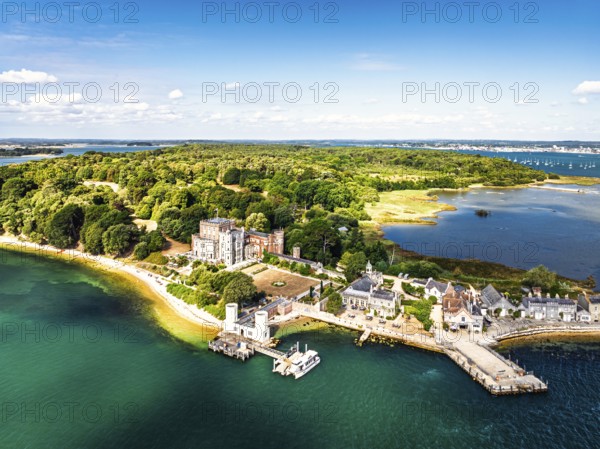 Brownsea Castle on Brownsea Island from a drone, Poole, Dorset, England, United Kingdom