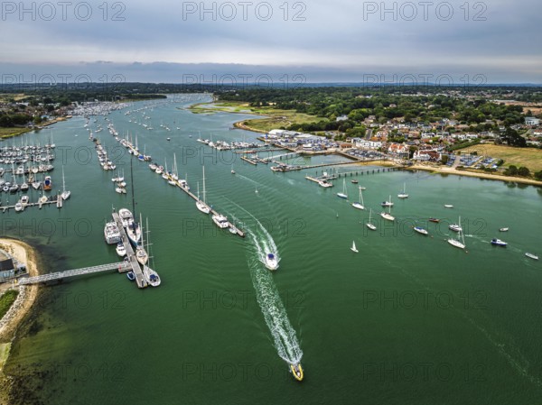 Hamble Point Marina over River Hamble from drone, Hamble-le-Rice, Warsash, Southampton Water, Hampshire, England, United Kingdom