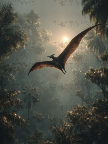 A flying dinosaur, dinosaur, flying reptile, pterosaur sails over a primeval landscape, jungle, AI generated