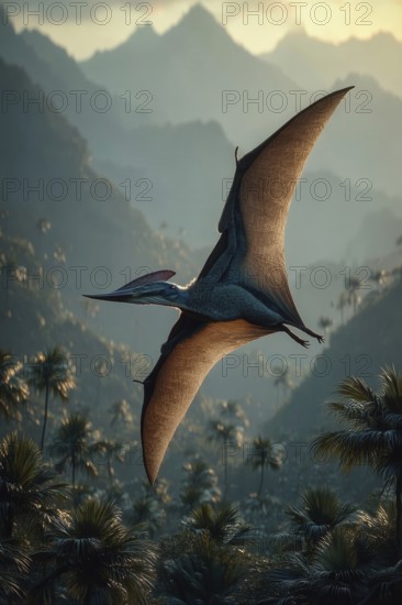 A pterosaur, dinosaur, flying reptile, pterosauria sails over a primeval landscape, jungle, AI generated