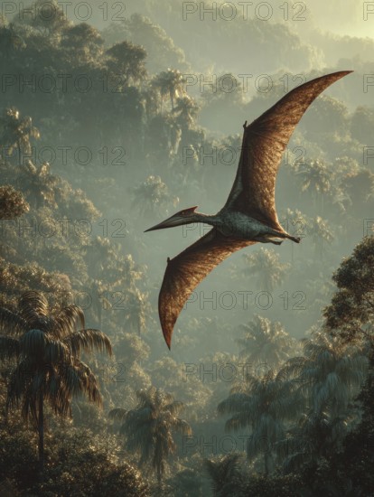 A flying dinosaur, dinosaur, flying reptile, pterosaur sails over a primeval landscape, jungle, AI generated