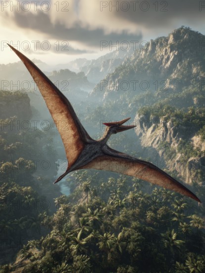 A pterosaur, dinosaur, flying reptile, pterosauria sails over a primeval landscape, jungle, AI generated