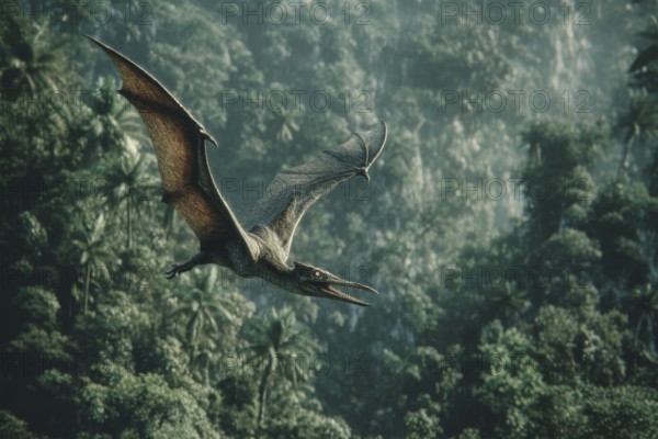 A pterosaur, dinosaur, flying reptile, pterosauria sails over a primeval landscape, jungle, AI generated