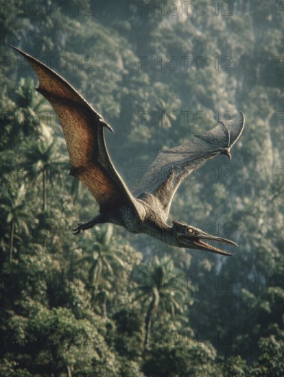 A pterosaur, dinosaur, flying reptile, pterosauria sails over a primeval landscape, jungle, AI generated