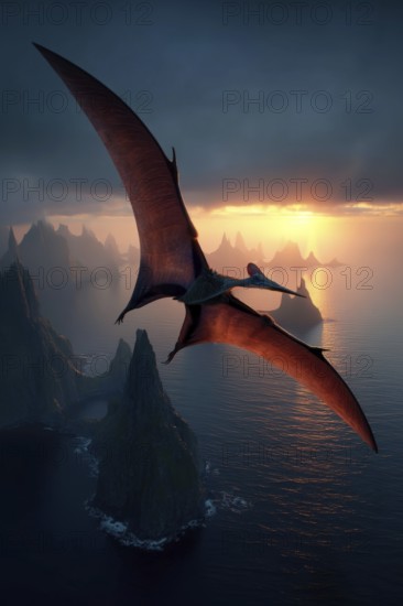 A flying dinosaur, dinosaur, flying reptile, pterosaur sails over a primeval landscape, AI generated