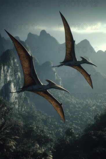 Two flying dinosaurs, dinosaur, flying reptile, pterosauria soar over a primeval landscape, AI generated, AI generated