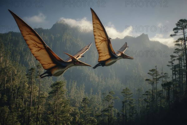 Two flying dinosaurs, dinosaur, flying reptile, pterosauria soar over a primeval landscape, AI generated, AI generated