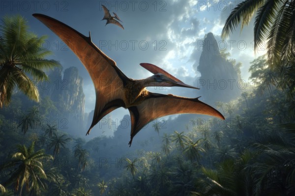 Two flying dinosaurs, dinosaur, flying reptile, pterosauria soar over a primeval landscape, AI generated, AI generated