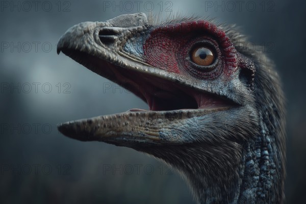 Portrait, close-up of a prehistoric bird, prehistoric bird, AI generated