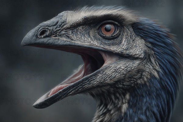 Portrait, close-up of a prehistoric bird, prehistoric bird, AI generated