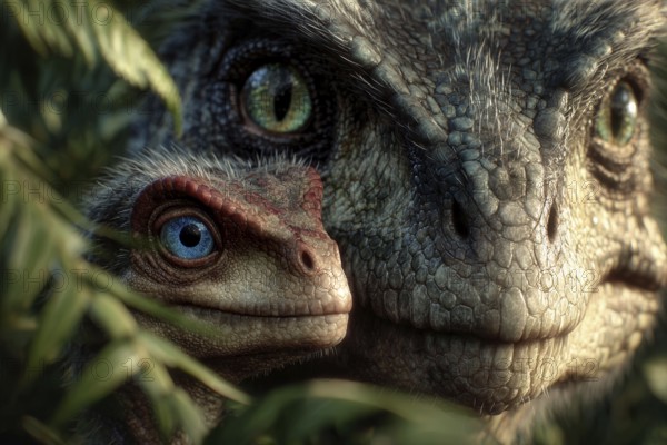 Romanticised depiction of a young dinosaur, baby dinosaur being lovingly cared for by its mother, AI generated