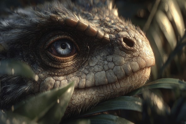 Romanticised depiction of a young dinosaur, dinosaur baby, AI generated