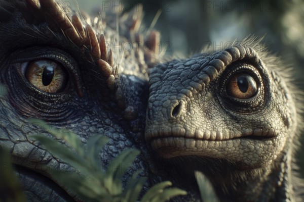 Romanticised depiction of a young dinosaur, baby dinosaur being lovingly cared for by its mother, AI generated