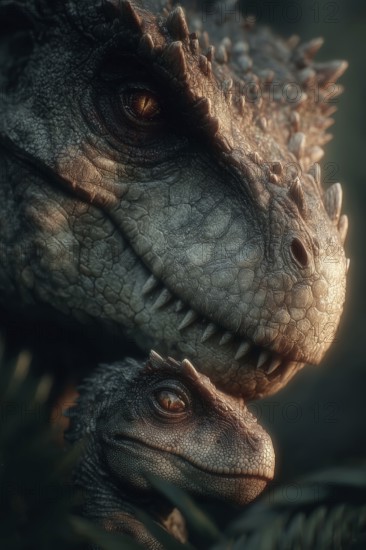 Romanticised depiction of a young dinosaur, baby dinosaur being lovingly cared for by its mother, AI generated