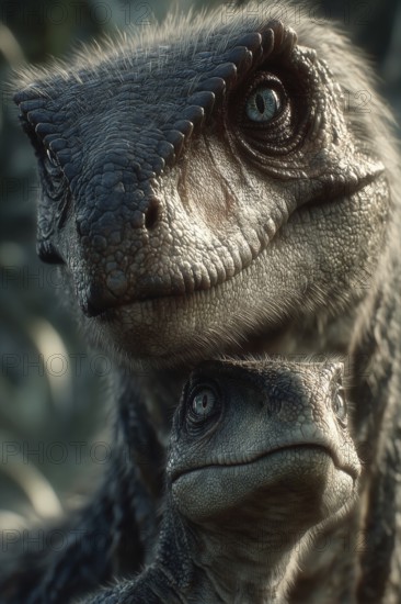 Romanticised depiction of a young dinosaur, baby dinosaur being lovingly cared for by its mother, AI generated