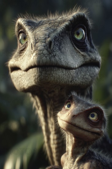 Romanticised depiction of a young dinosaur, baby dinosaur being lovingly cared for by its mother, AI generated