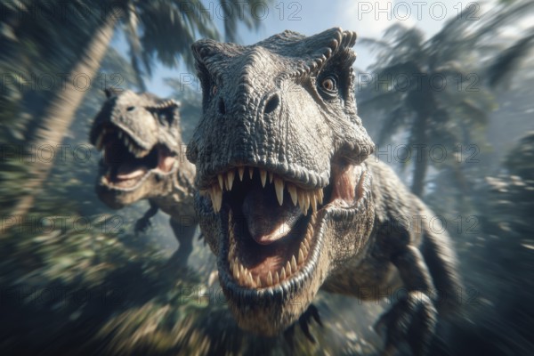 Two angry, dinosaurs, tyrannosaur with bared teeth running through a jungle, AI generated, AI generated