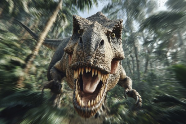 An angry, dinosaur, tyrannosaurus, tyrannosaurus with baring teeth runs through a jungle, AI generated, AI generated