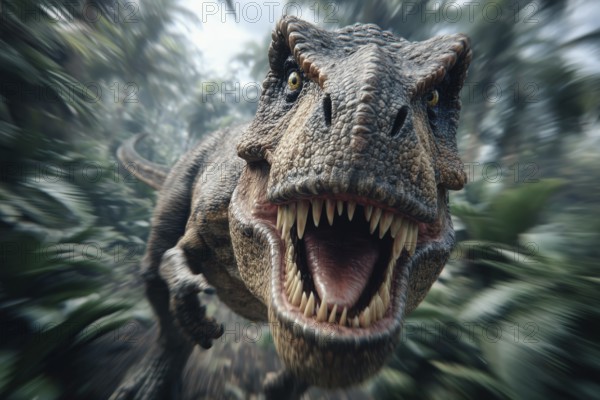 An angry, dinosaur, tyrannosaurus, tyrannosaurus with baring teeth runs through a jungle, AI generated, AI generated