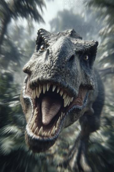 An angry, dinosaur, tyrannosaurus, tyrannosaurus with baring teeth runs through a jungle, AI generated, AI generated