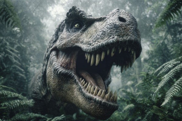 Portrait of an angry, battle-ready dinosaur, Tyrannosaurus, AI generated