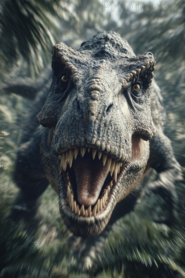An angry, dinosaur, tyrannosaurus, tyrannosaurus with baring teeth runs through a jungle, AI generated, AI generated