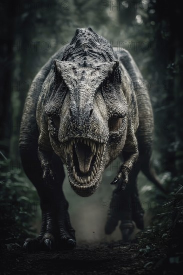 An angry, dinosaur, Tyrannosaurus with bared teeth runs through a jungle, AI generated, AI generated