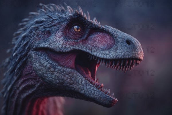 Portrait of an angry, battle-ready dinosaur, Tyrannosaurus, AI generated