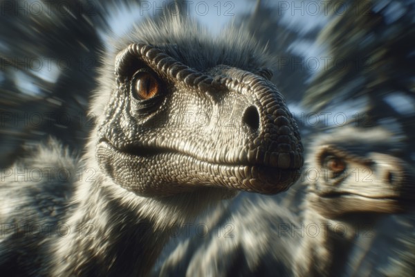 Close-up of two dinosaurs, Oviraptor, AI generated