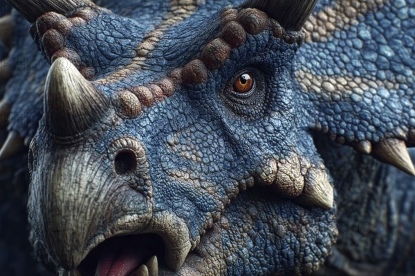 Portrait, close-up of a dinosaur, Ceratopsidae with fictitious colouring, AI generated